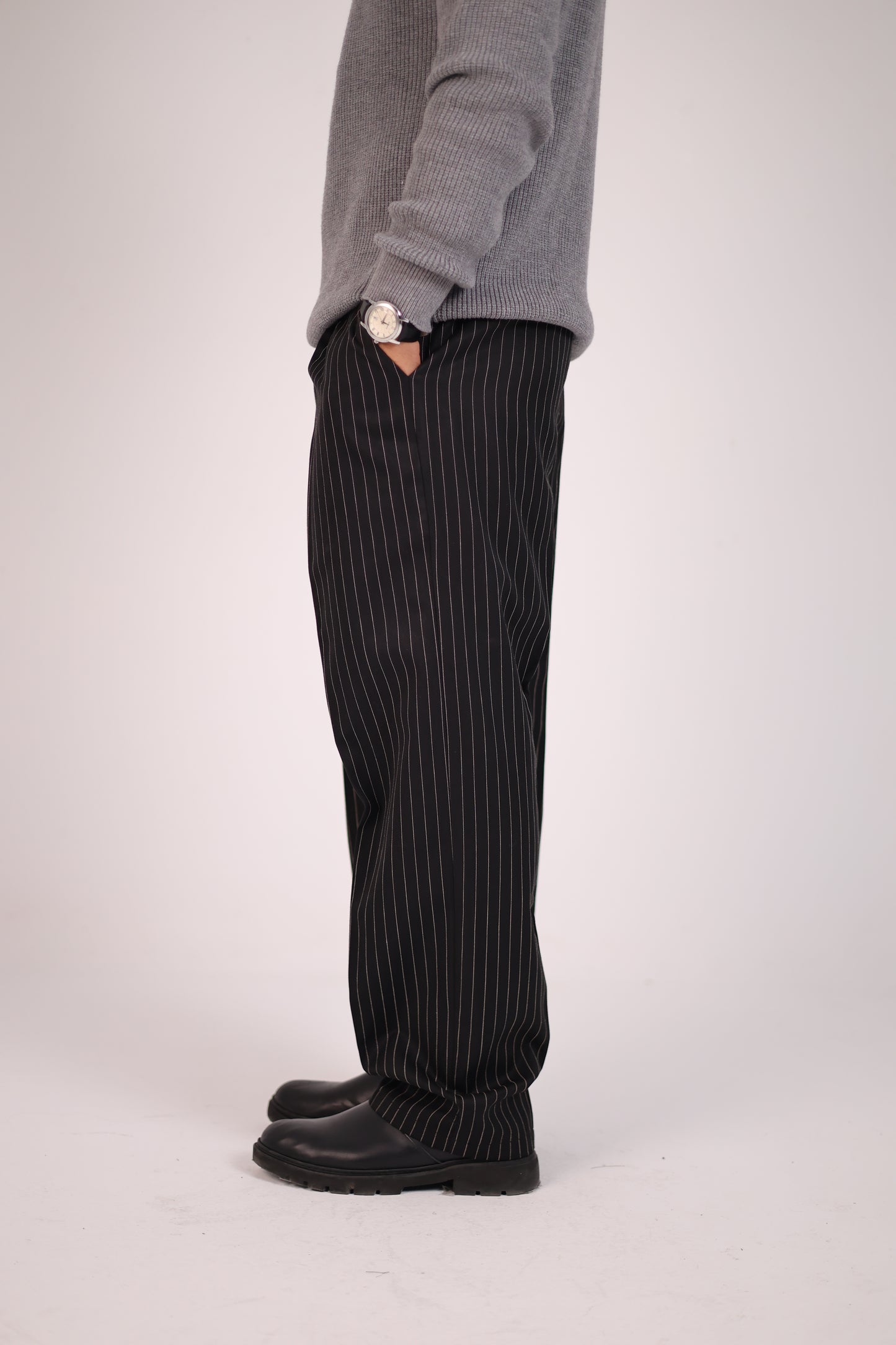 Striped Black Straight-Fit Suit Pant